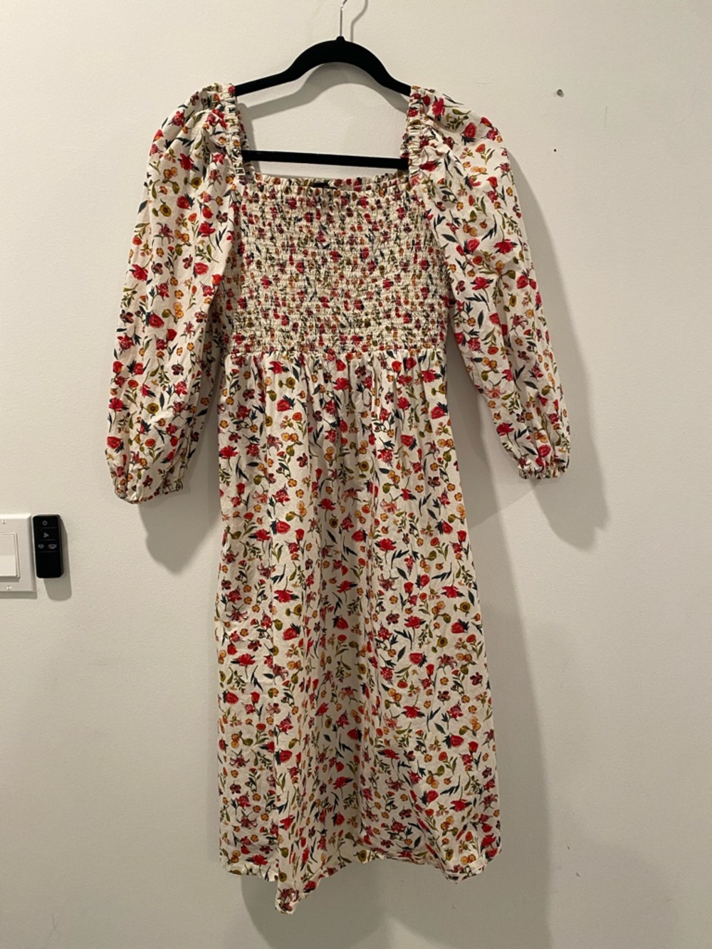 J. Crew White Floral Midi Dress with Red and Yellow Print